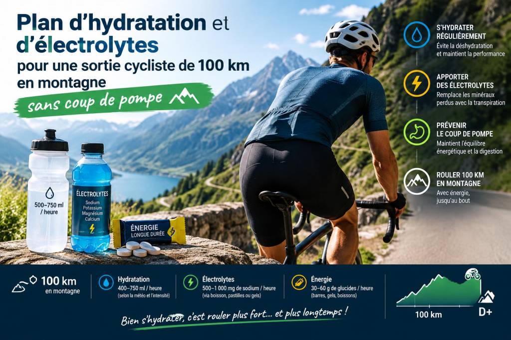Plan d'hydratation et d'électrolytes pour une sortie cycliste de 100 km en montagne sans coup de pompe