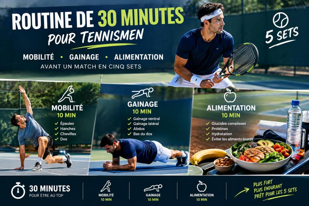 Routine de 30 minutes pour tennismen : mobilité, gainage et alimentation avant un match en cinq sets